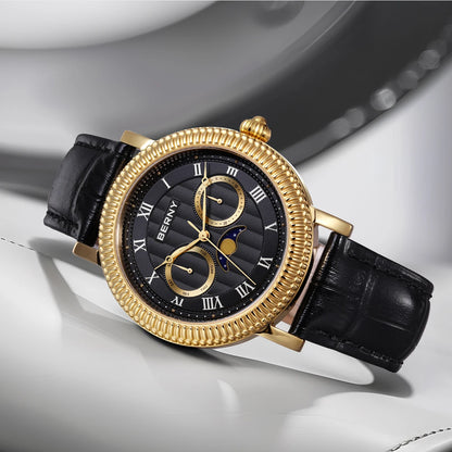 BERNY Watches for Men Luxury Dress Brand Business Gold Quartz Real Moons Man Watch S/S Sapphire Calendar Moon Phase Wristwatch