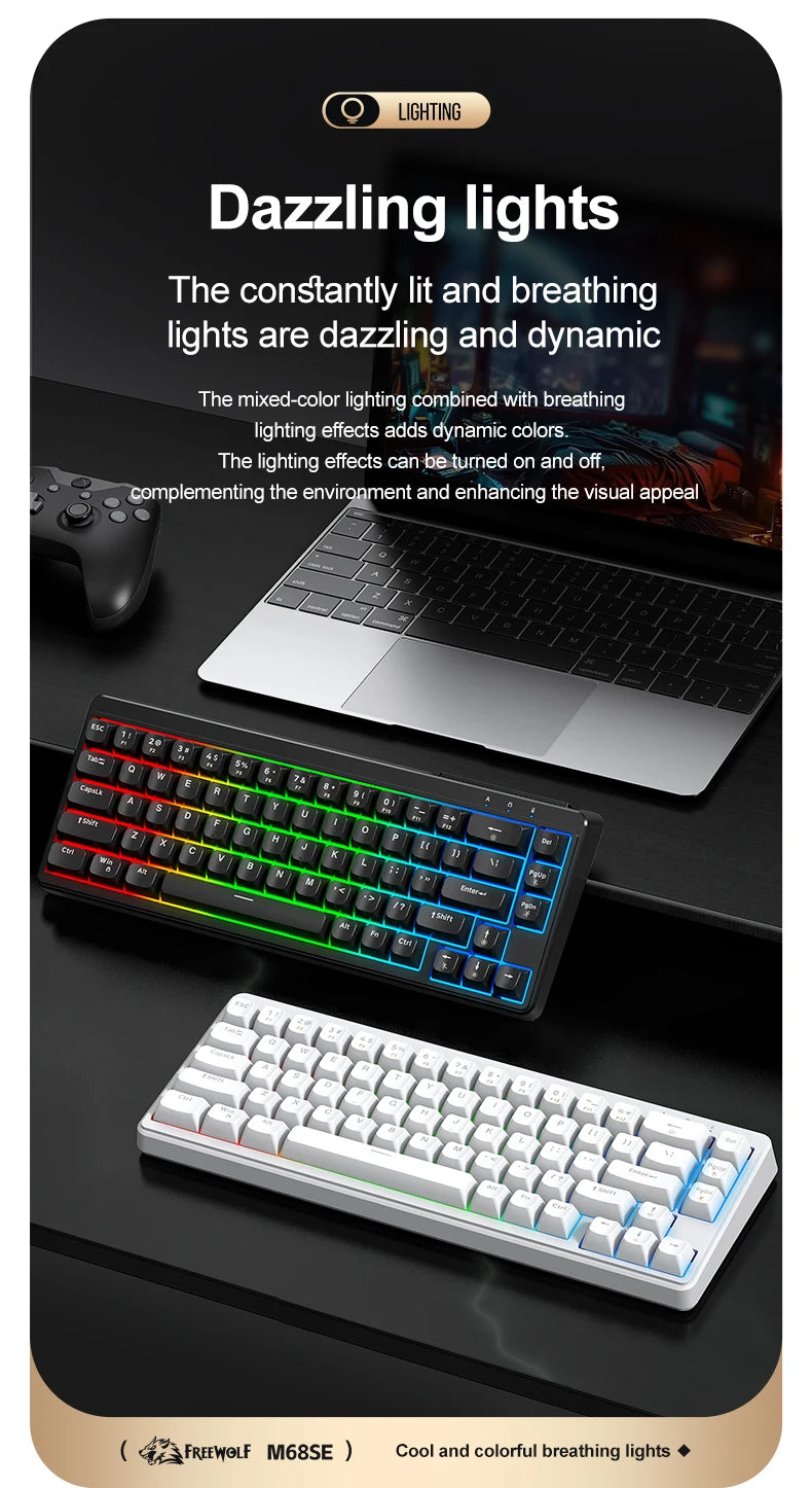 FREEWOLF M68SE Teclado Mini com Fio de 68 Teclas, Retroiluminação RGB, Type-C, Layout 68%, Compacto para Gaming, Escritório, PC e Portátil