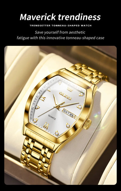 OLEVS New Men's Watches Quartz Luxury Gold Watch Classics Tonneau Dial Top Brand Waterproof Luminous Quartz Watch for Men 5528