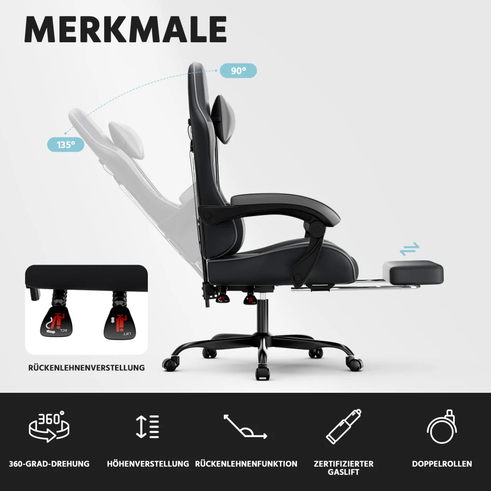 Ergonomic Gaming Chair with Lumbar Support, Adjustable Office Chair, Breathable PU Leather Computer Chair with Footrest & Reclining Backrest