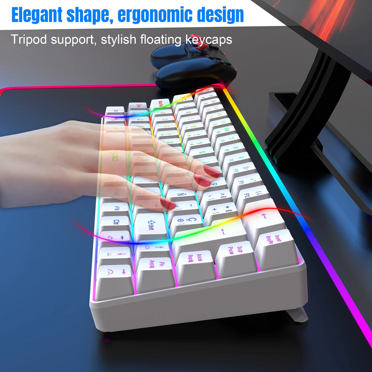Promoção imperdível! Teclado gaming com fios espanhol de 69 teclas, retroiluminação RGB e design compacto 68%, um acessório indispensável para profissionais de escritório e gamers