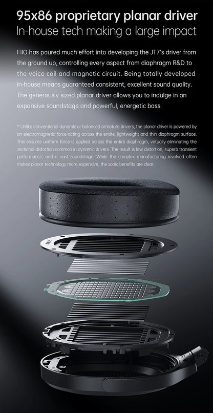 FiiO JT7 Planar Magnetic Over-Ear Audiophile Headphones – 95x86mm Driver, 4.4mm & 3.5mm Wired HiFi Headset