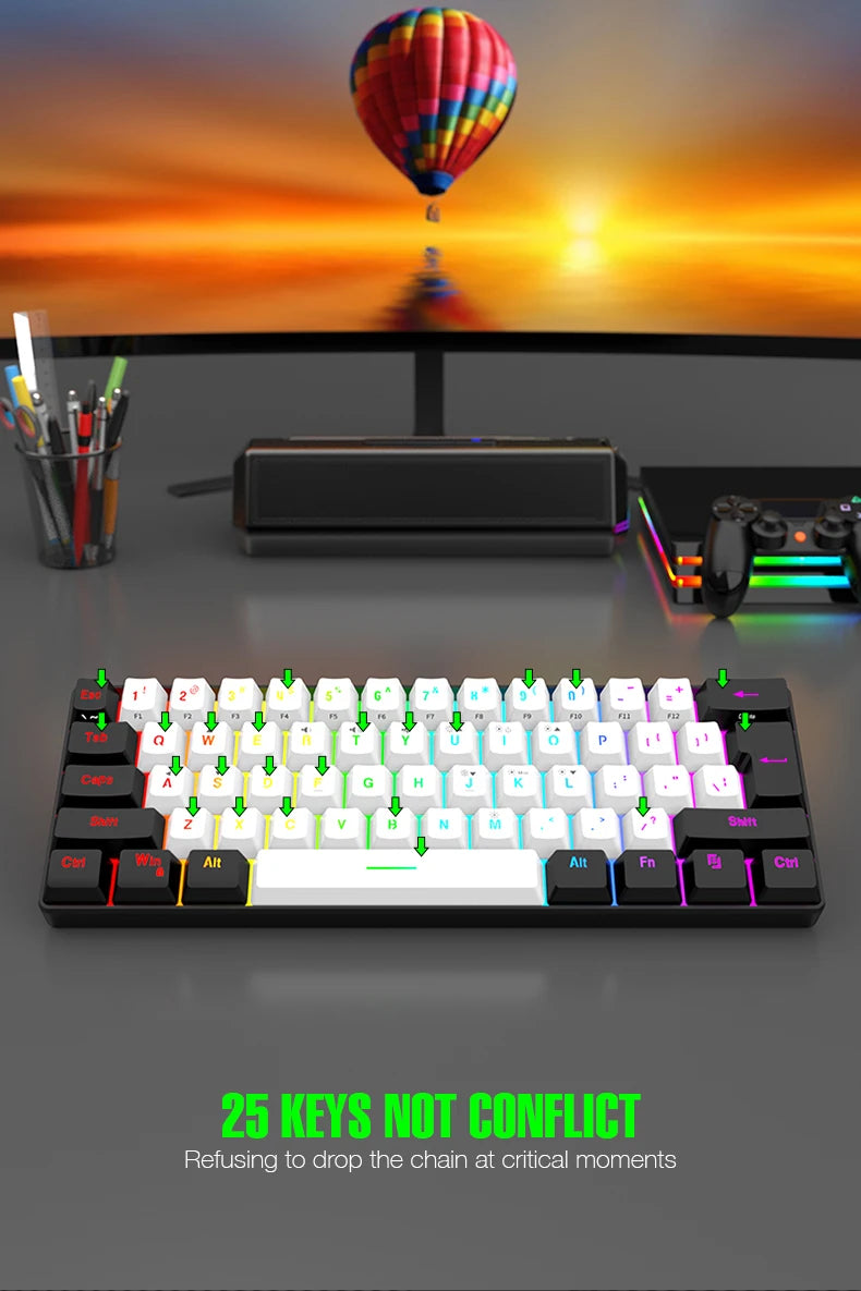 Teclado mecânico com fios de 61 teclas, branco, com switch preto e azul, à prova de água, iluminação RGB, kit para gaming e escritório, PUBG, retroiluminado