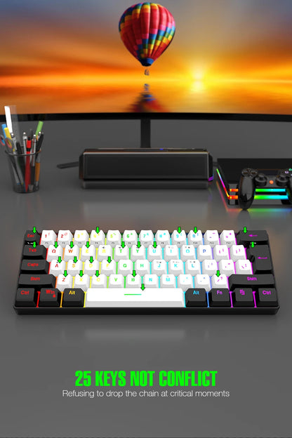 Teclado mecânico com fios de 61 teclas, branco, com switch preto e azul, à prova de água, iluminação RGB, kit para gaming e escritório, PUBG, retroiluminado