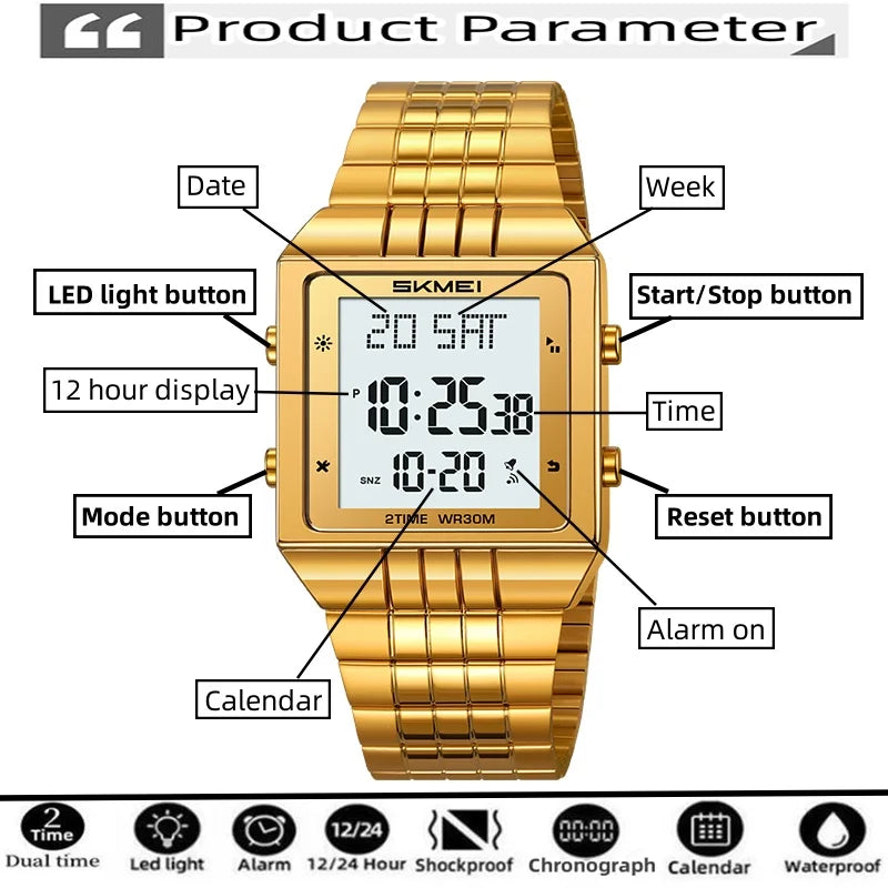 Skmei Luxury Digital Watches for Mens LED Waterproof Date Week Display Chronograph Fashion Dual Time Zones Bracelet Steel Watch