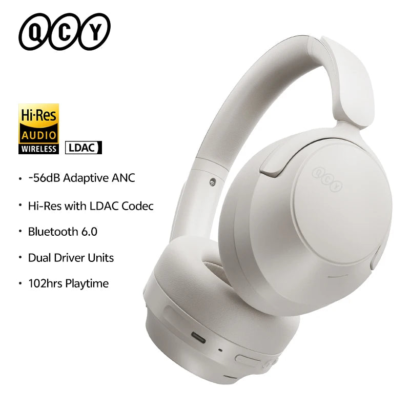 QCY H3S -56dB Adaptive ANC Over Ear Bluetooth 6.0 Headphones – Hi-Res LDAC Wireless Headset, 102H Battery, Dual Driver Spatial Sound