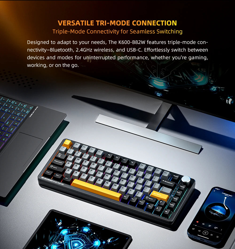 Teclado Mecânico Gaming Sem Fios Machenike K600-B82W Trimodo, Montagem Gasket, Layout ANSI 75% e Retroiluminação RGB