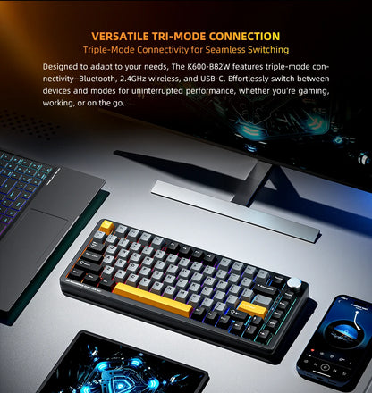 Teclado Mecânico Gaming Sem Fios Machenike K600-B82W Trimodo, Montagem Gasket, Layout ANSI 75% e Retroiluminação RGB