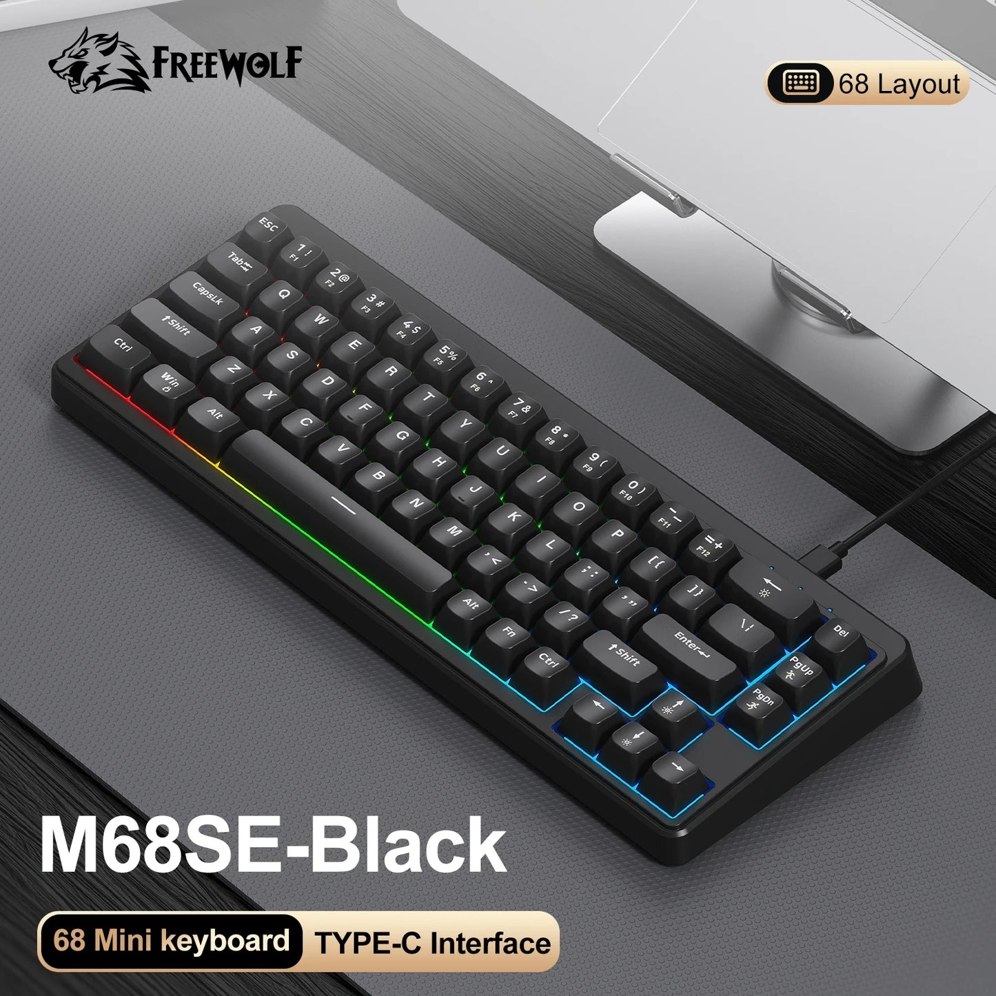 Teclado FREEWOLF M68SE com sensação mecânica, 68 teclas, mini teclado compacto com fios, silencioso, para portáteis, gaming e utilização em escritório