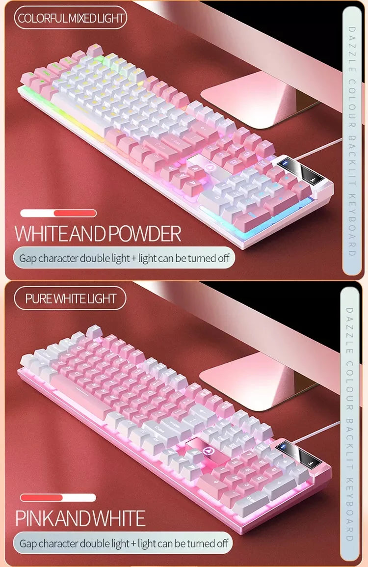 K500 Pink Wired Gaming Keyboard 104 Keys with White Pink Keycaps, USB Full Size Pink Wired Gaming Keyboard for PC, Laptop & Desktop