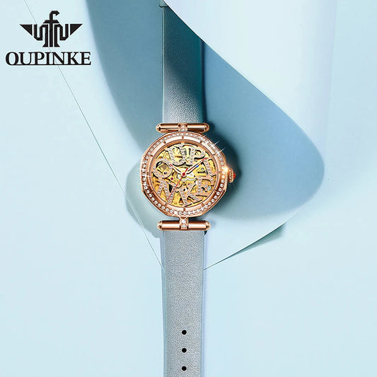 OUPINKE 3175 Women Watches Luxury Elegant Skeleton Automatic Mechanical Watches For Woman 50M Waterproof Bracelet Necklace Set