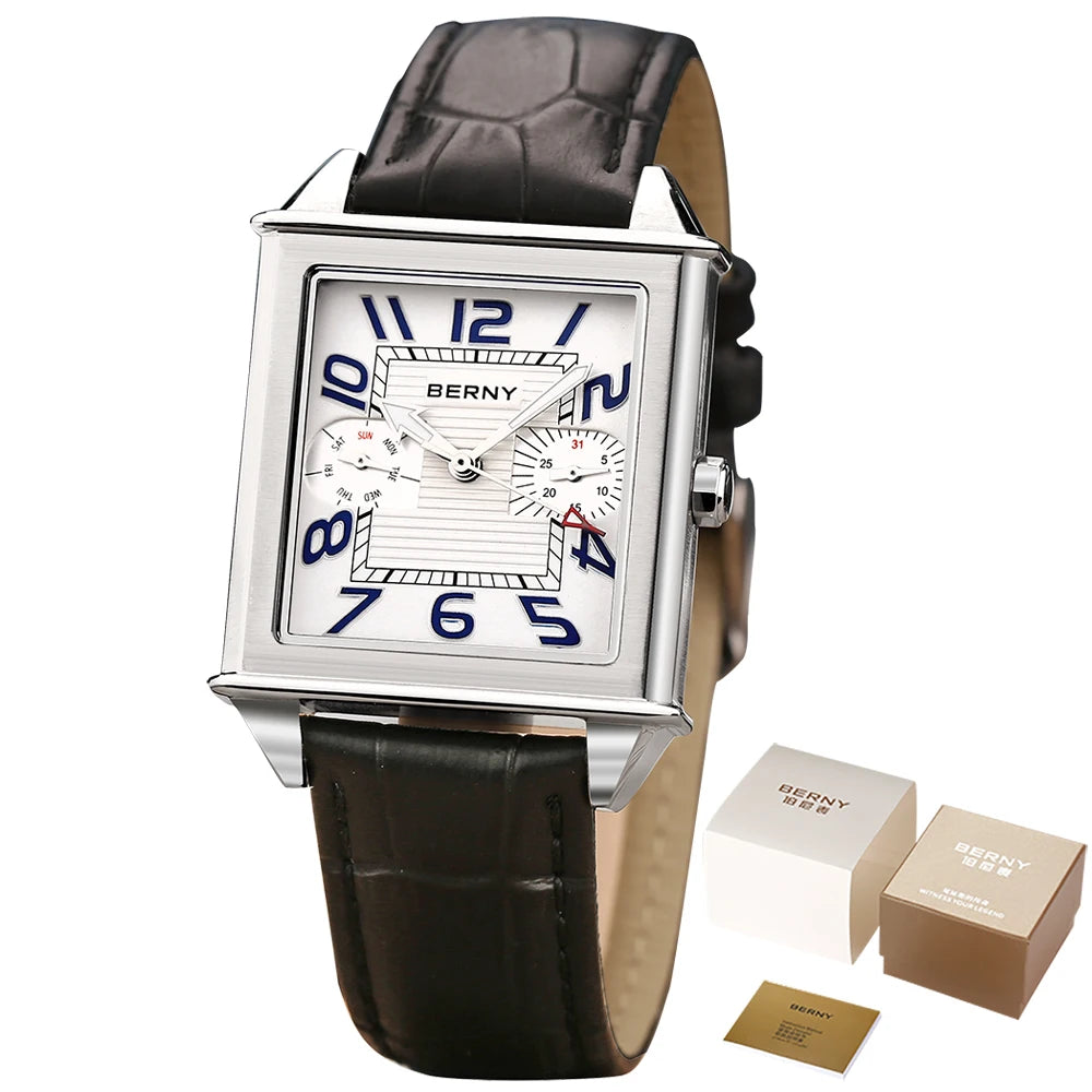BERNY 6P25 Quartz Watch for Men Golden New Square Wristwatch Vintage Day Top Leather 3ATM Waterproof Luxury Watch Male