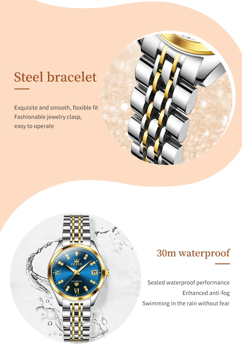 OLEVS 9801 Womens Watch Luxury Fashion Waterproof  Automatic Mechanical Watch Stainless Steel Diamond Date Ladies Watch Set