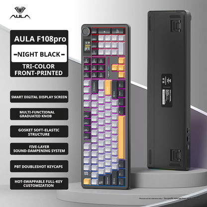 Teclado mecânico AULA F108 PRO personalizado, layout 100%, retroiluminação RGB, Bluetooth sem fios, switch HiFi, teclado gaming