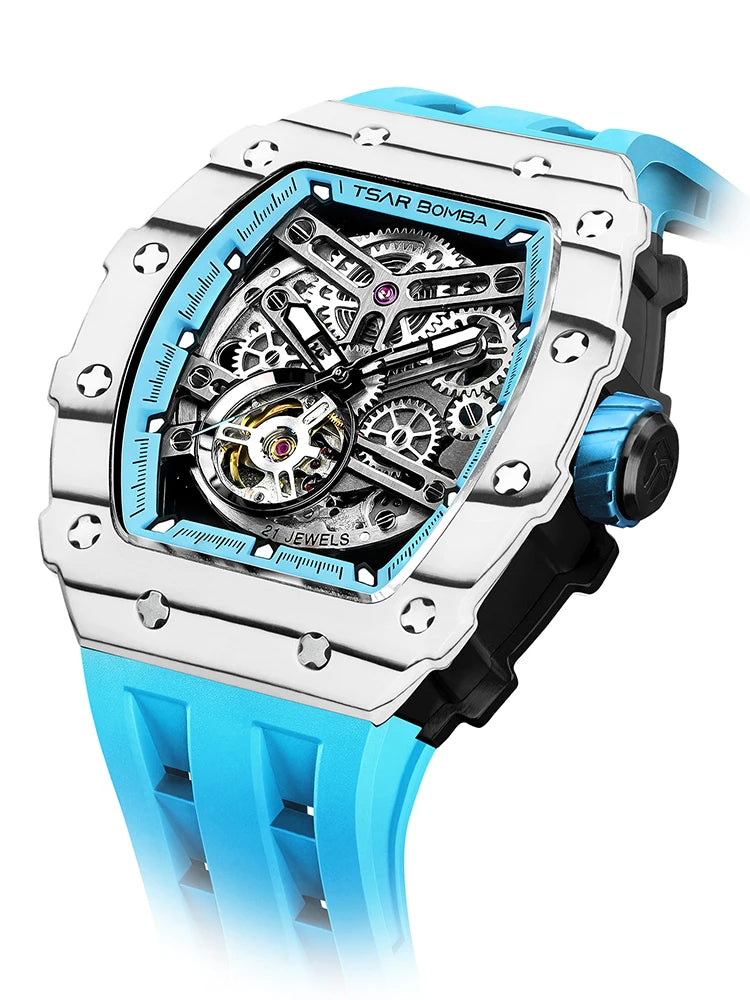 TSAR BOMBA Carbon Fiber Automatic Mechanical Watch for Men Waterproof Skeleton Mens Watches Top Brand Luxury Wristwatches