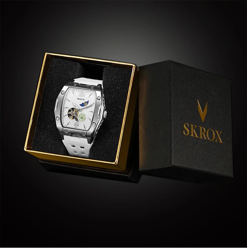 SKROX Designer Luxury Moon Phase Toubillon Automatic Movement Mechanical Clock High Quality Waterproof Silicone Men's Watches