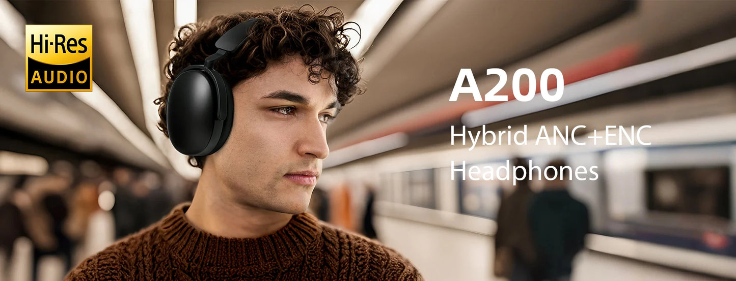 Auscultadores Bluetooth 5.4 Sem Fios Oneodio SuperEQ A200 ANC – Auscultadores Over-Ear com Cancelamento de Ruído, Microfone ENC, Áudio Hi-Res e Controlo por App