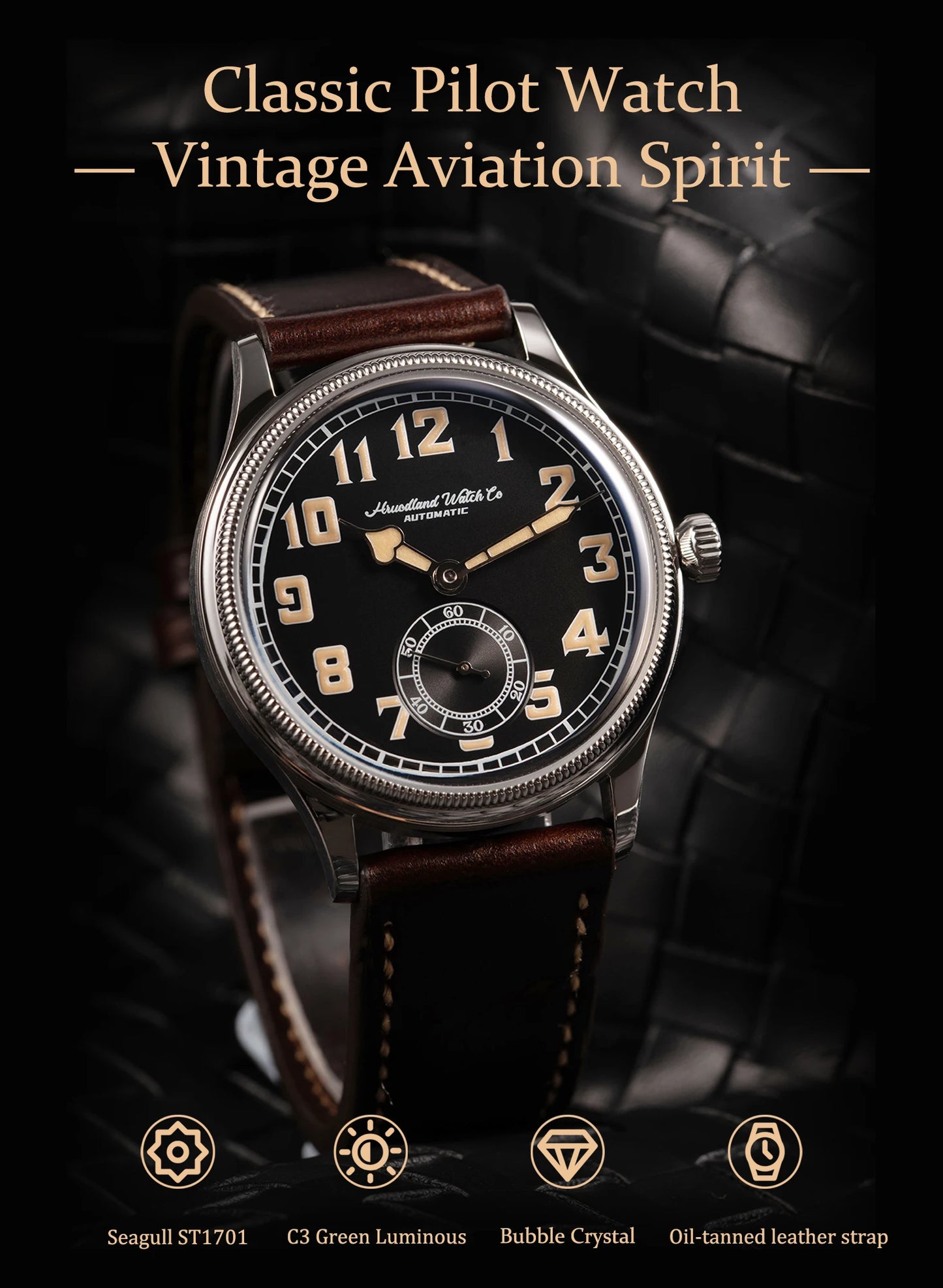 HRUODLAND Retro Flieger Automatic Watches for Men 38mm Seagull ST1701 Mechanical Wristwatch C3 Green Luminous K1 Mineral Bubble Crystal Oil Leather Strap Business Pilot Watch