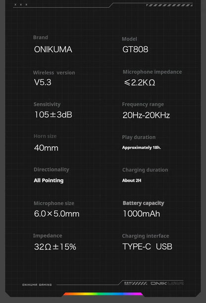 Auscultadores Gaming Sem Fios ONIKUMA GT808 2.4G/Bluetooth/Com Fio, 3 Modos, Over-Ear, com Microfone com Cancelamento de Ruído para PC PS4 PS5