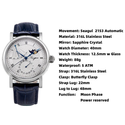 2023 Sugess Watch of Men Automatic Mechanical Moon-Phase Wristwatches Power Reserved  Sapphire WaterResistant Tianjin Movement