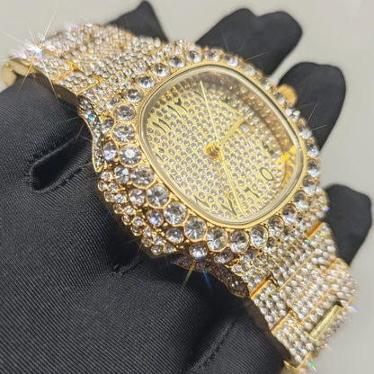 Luxury Brand Men Quartz Watch Fashion Square Hip Hop Diamond Out Sparkling Jewelry Waterproof Stainless Steel Wristwatch Man New