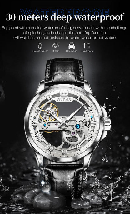 OLEVS Skeleton Automatic Mechanical Watch Men Leather Strap Luminous Waterproof Luxury Business Wristwatch For Man 6661