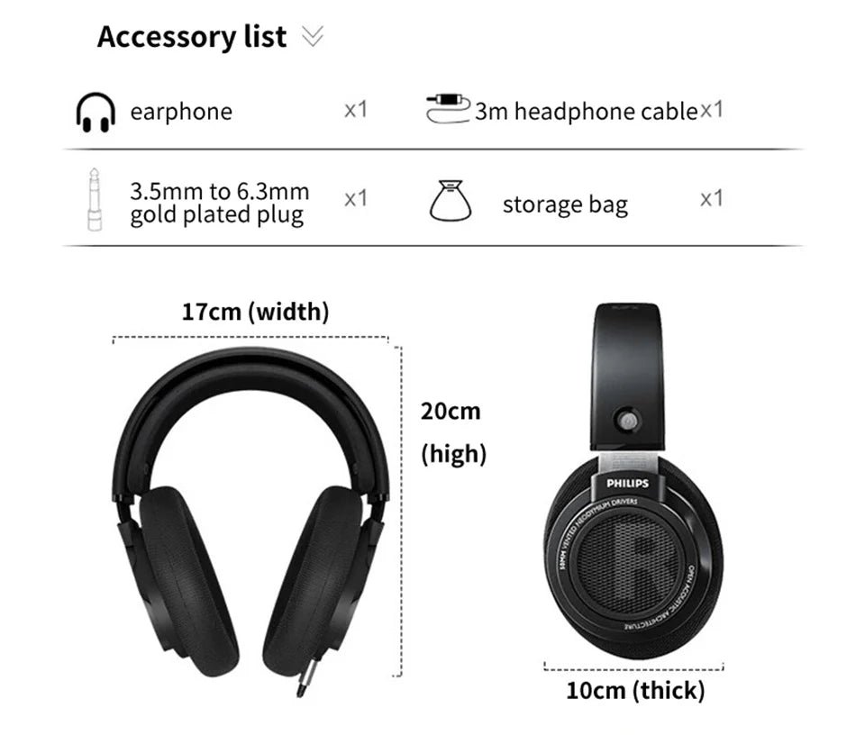 Philips SHP9500 HiFi Stereo Wired Headphones, 50mm Dynamic Driver Open-Back Headset for Gaming, Music, Study & Professional Audio