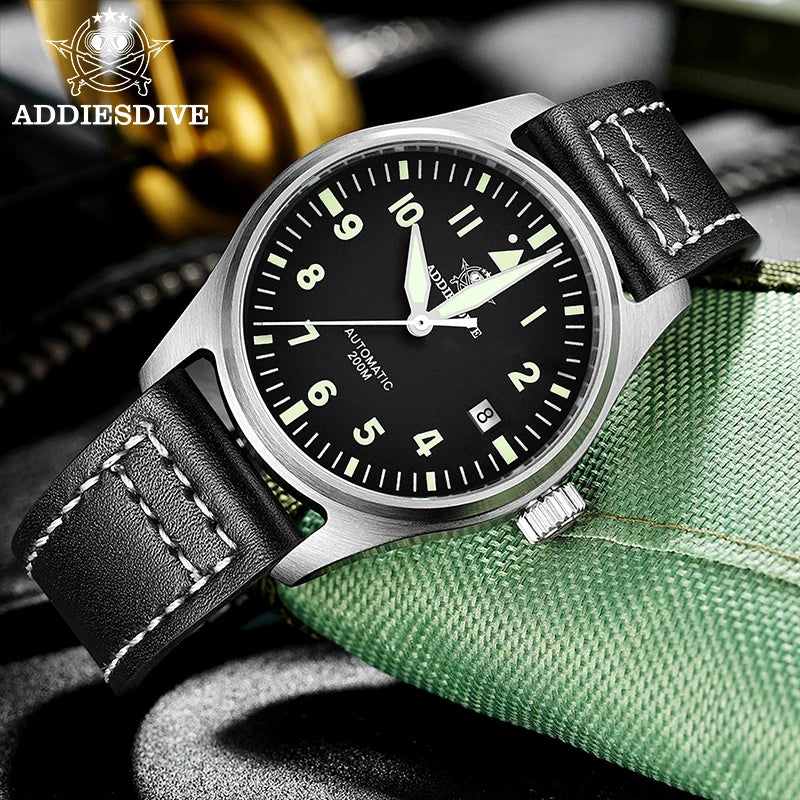ADDIESDIVE Men's Automatic Mechanical Diving Watch 200m Waterproof C3 Ultra Bright Men's Watch Men's Leather Retro Watch AD2519