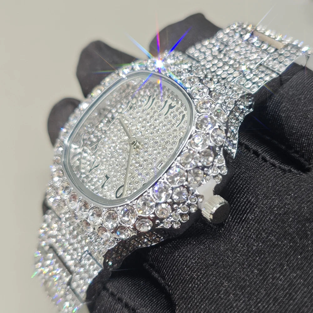 Luxury Brand Men Quartz Watch Fashion Square Hip Hop Diamond Out Sparkling Jewelry Waterproof Stainless Steel Wristwatch Man New