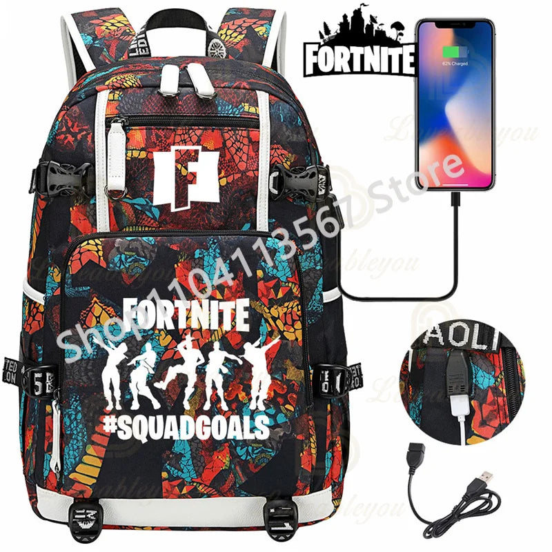 Yule Trooper F-Fortnited Battle Royale Backpack with USB Charging Anime Figures Study Stationery Compartment Students Mochila