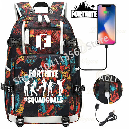 Yule Trooper F-Fortnited Battle Royale Backpack with USB Charging Anime Figures Study Stationery Compartment Students Mochila