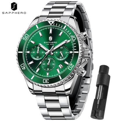 SAPPHERO Men’s Quartz Watch Luxury Chronograph Sport Wristwatch Stainless Steel Waterproof 50M Date Luminous Business Watch