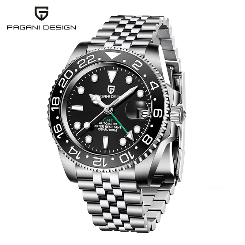Orologio PAGANI DESIGN GMT 40MM da uomo, di lusso, con vetro zaffiro AR, movimento meccanico automatico, lunetta in ceramica, impermeabile 100M, idea regalo