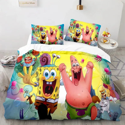 Cartoon Anime SpongeBobed Bedding Set 3D Printed Patricks Squidwards Quilt Duvet Cover Pillowcase Bed Set Full Queen King Size