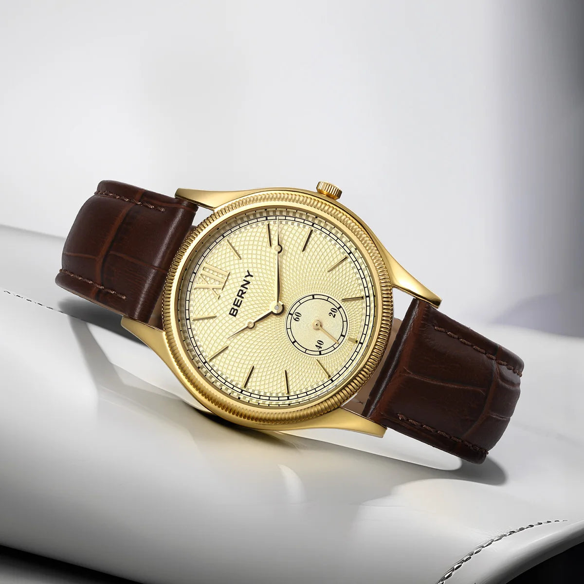BERNY Luxury Watches for Men Classic Elegance Slim Dress Gold Quartz Men's Watch Leather Strap Fashion Business Wristwatch