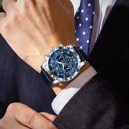 Luxe POEDAGAR-polshorloge voor heren – Sportieve, waterdichte en verlichte chronograaf, met leren band, quartz-uurwerk
