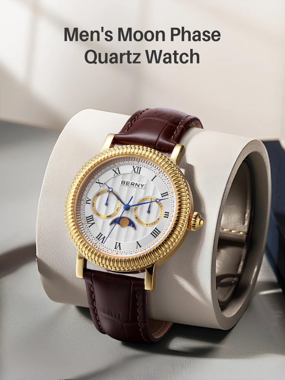 BERNY Watches for Men Luxury Dress Brand Business Gold Quartz Real Moons Man Watch S/S Sapphire Calendar Moon Phase Wristwatch