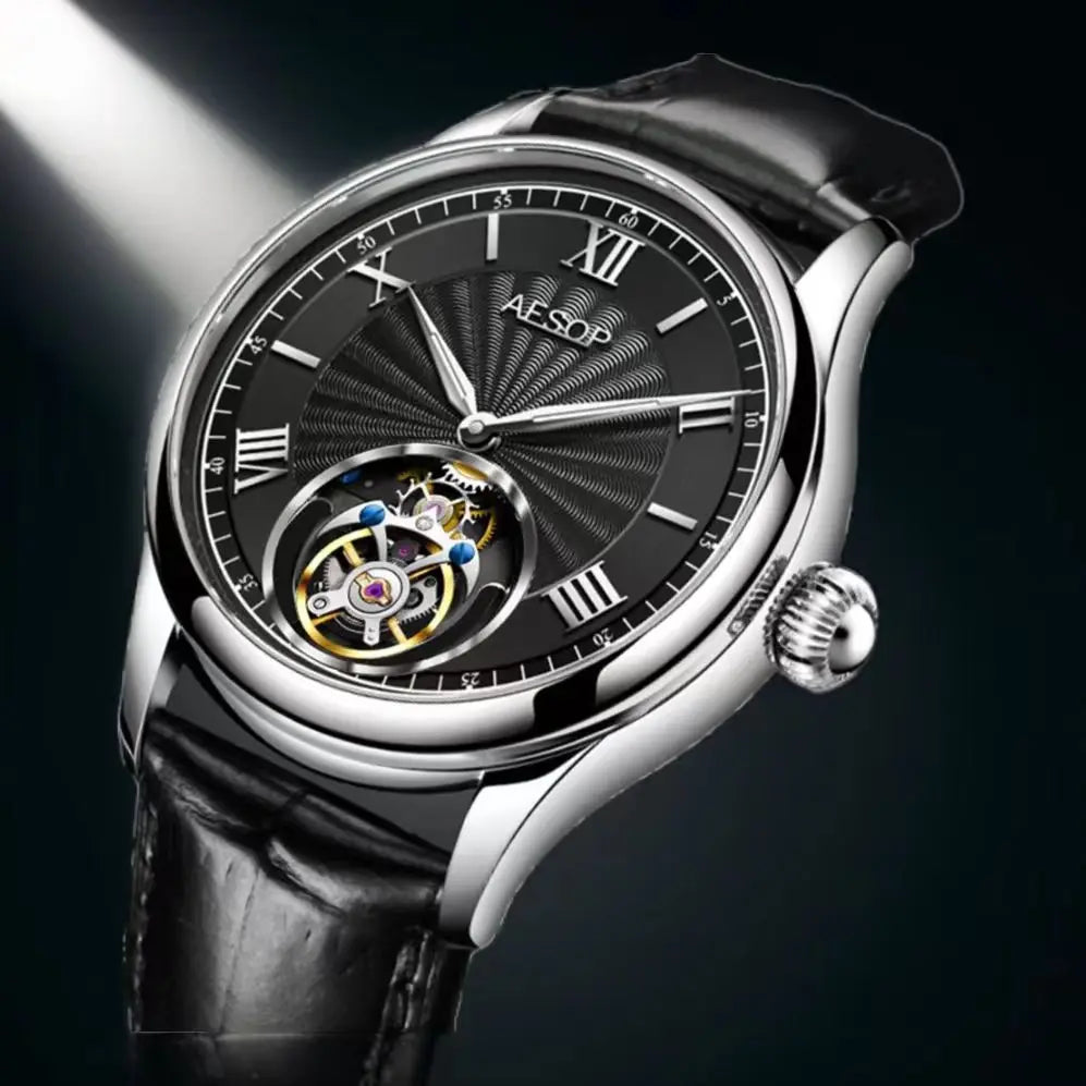 AESOP Mens Mechanical Wristwatches Flying Tourbillon Movement Skeleton Watch for Men Man Luxury Clocks Real Tourbillon Watch