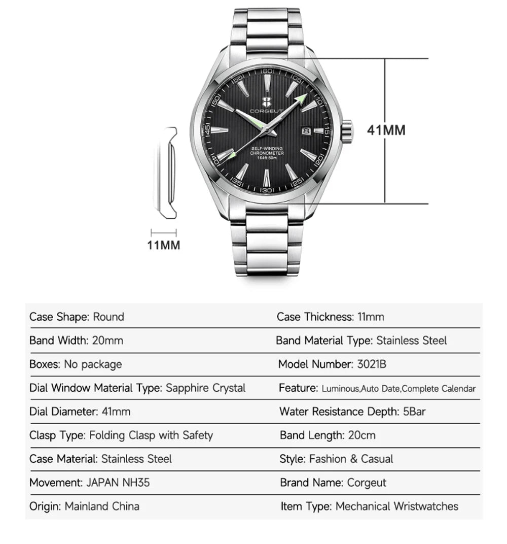 Luxury NH35 Movt Corgeut 41mm Man Sport Clock Automatic Relogio Masculino Mechanical Wristwatch Sapphire Steel Band Men's Watch