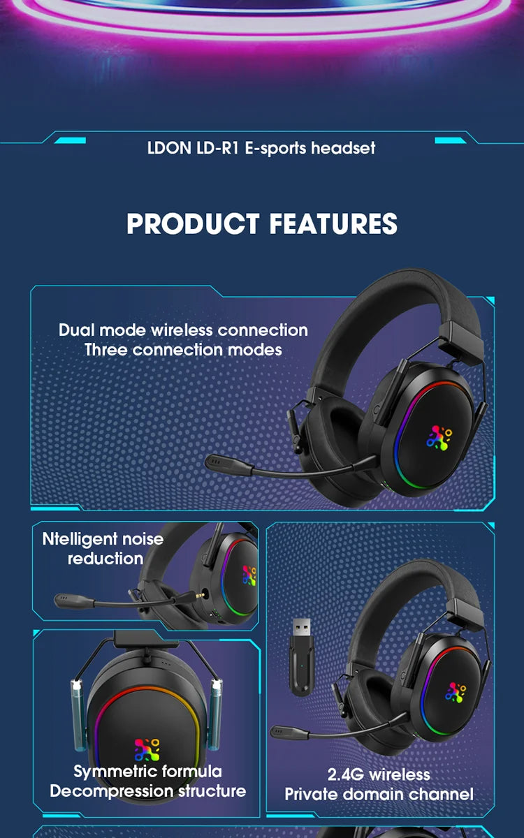 Auricular Gaming Sem Fios LDON PS5 PS4 Bluetooth 2.4GHz Som Surround 3D Microfone com Cancelamento de Ruído Baixa Latência