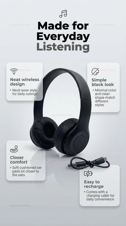 Bluetooth 5.0 Wireless Headphones Foldable Over-Ear Headset with HiFi Stereo Sound, Bluetooth 5.0 Wireless Headphones with Soft Skin-Friendly Earmuffs & Microphone