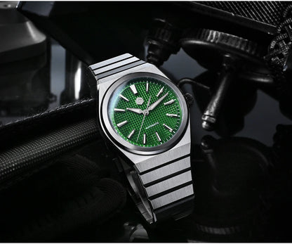 San Martin 39mm Luxury Men Sports Watch Waffle Dial Integrated Bracelet Miyota 90S5 Automatic Mechanical Clear Caseback SN0152