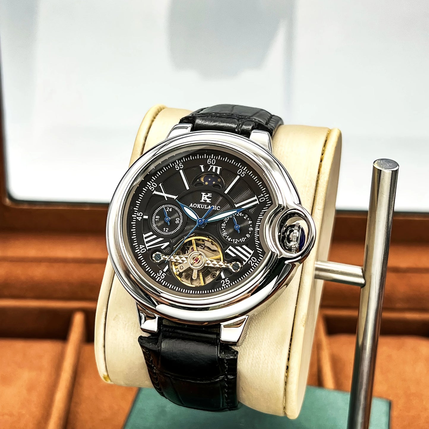 European and American Style Luxury Brand Series of High-End Business Men's Mechanical Watches, Round Dial, Skeleton Design, Automatic Winding, Leather Strap, Multi-Function Display, Tourbillon Men's Watch, Fashionable Accesso