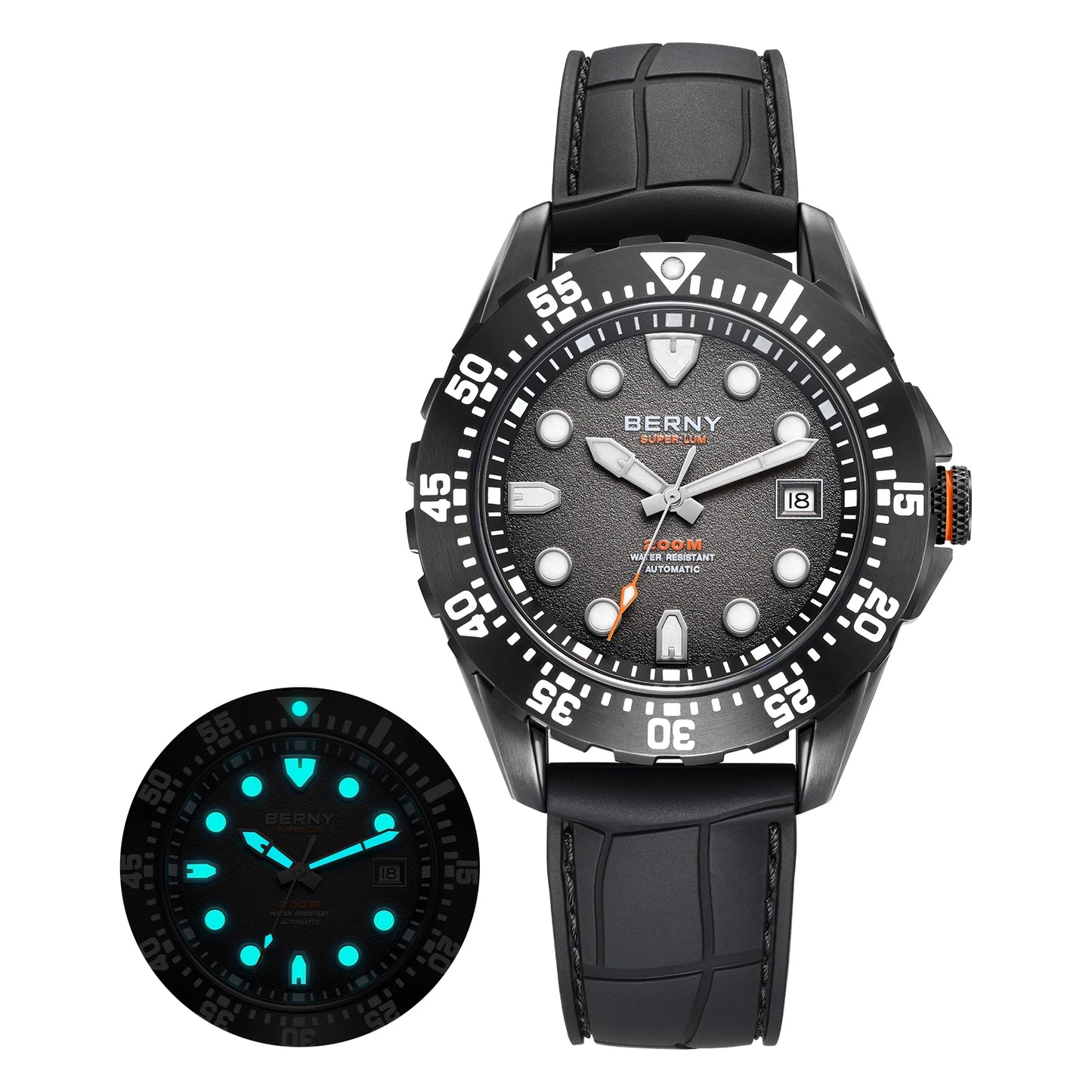 BERNY Men's Automatic Diver Watch Supper Luminous Sapphire AR Coated MIYOTA 8215 316LStainless Steel Single Crown Diving Watches