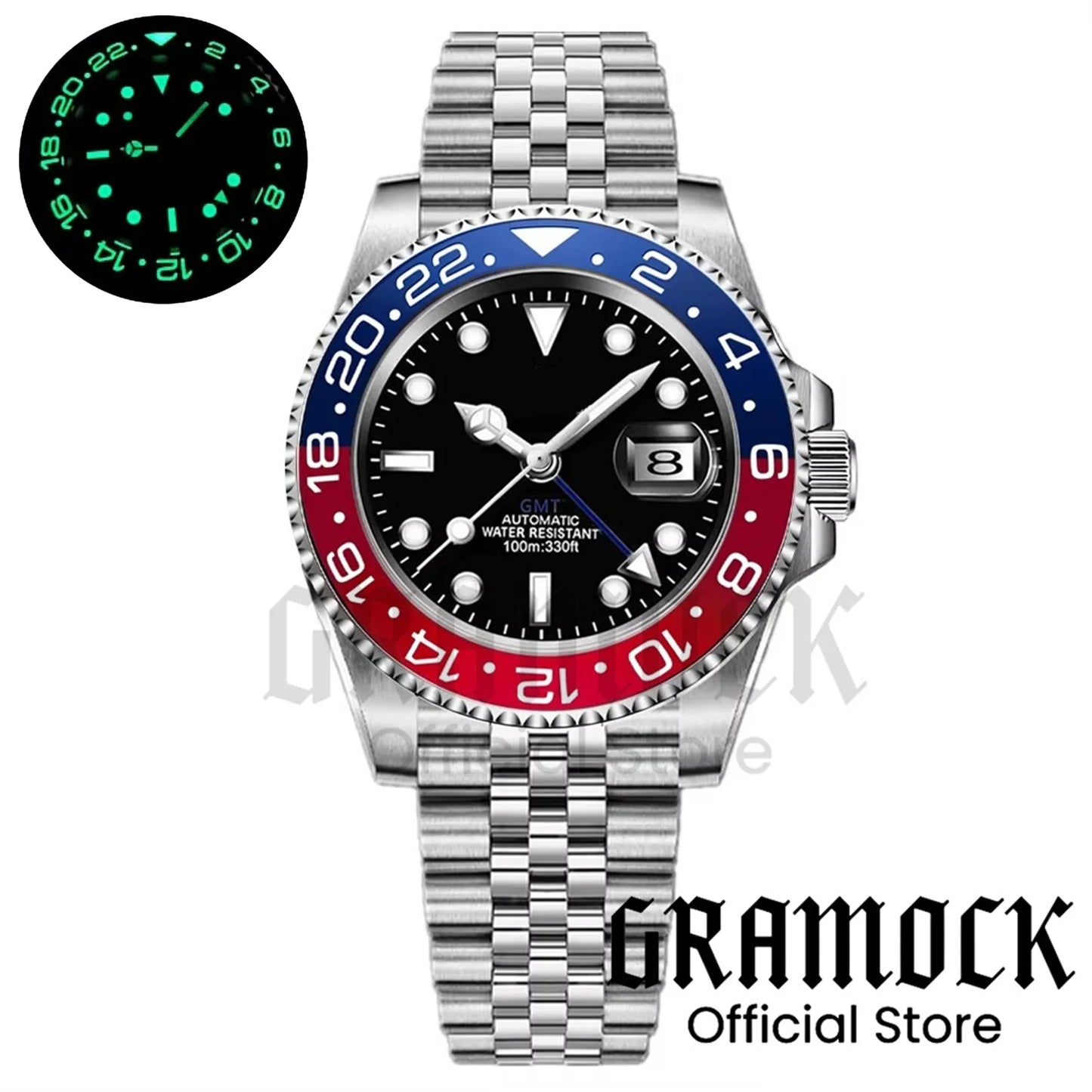 Gramock White Dial Blue GMT 40MM Watch For Men Roating Bezel Sapphire Glass Waterproof Reloj Hombre NH34A Mechanical Wristwatch