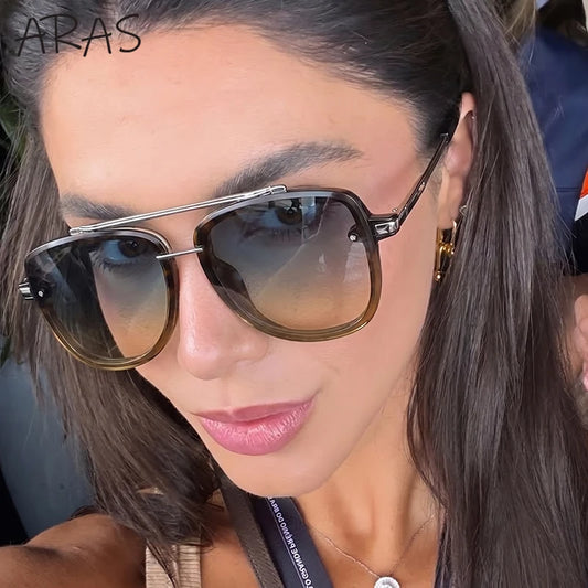 Oversized Pilot Double Bridge Sunglasses Women 2026 Luxury Designer Vintage Oval Metal Frame Sun Glasses Trendy Outdoor Shades