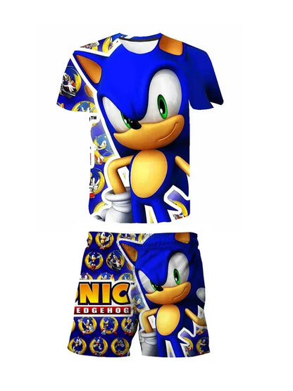 Fashion 3D Anime Children's T-shirt Set Sonic The Hedgehog Top Short Sleeve + Shorts Two-piece Set Girls Boys Cosplay Costume