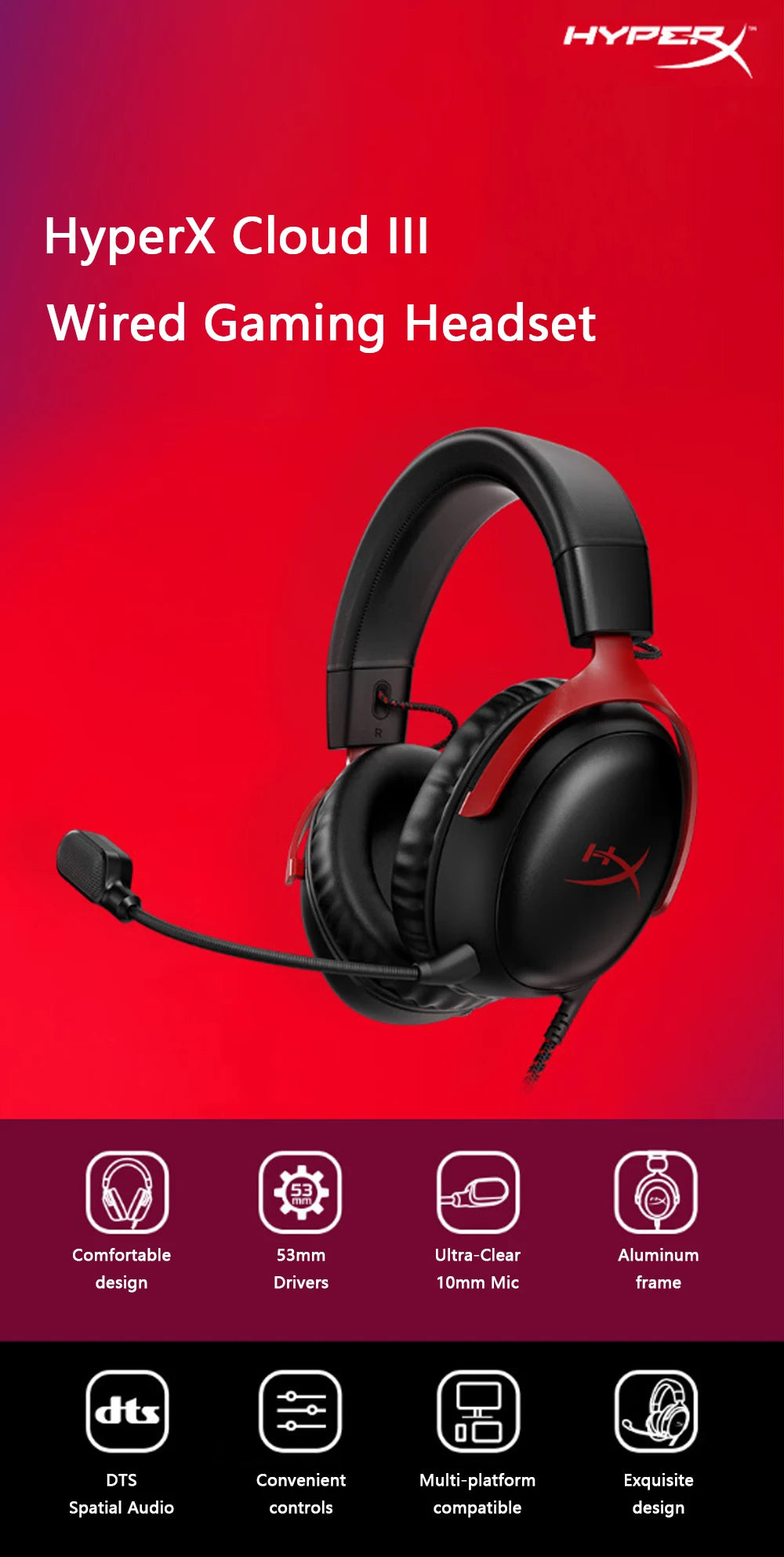 Auscultadores Gaming com Fio HyperX Cloud III com Áudio Espacial DTS X, Drivers de 53mm, Microfone com Cancelamento de Ruído – Auscultadores Gaming USB e 3.5mm para PC, PS5, Xbox e Switch