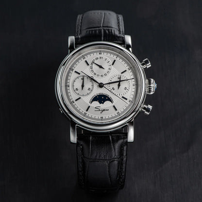 Sugess Men Watch ST1908 Swanneck Movement Mechanical Chronograph Wristwatch Genuine Moonphase Calendar Vintage Leather NEW 2023