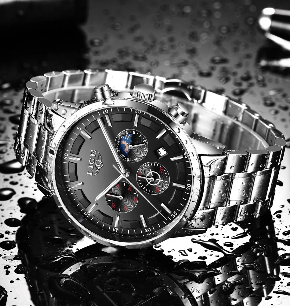 LIGE herenhorloge – Luxe quartz-chronograaf, waterdicht (3 bar), met lichtgevende wijzers – Cadeautip (inclusief doos)